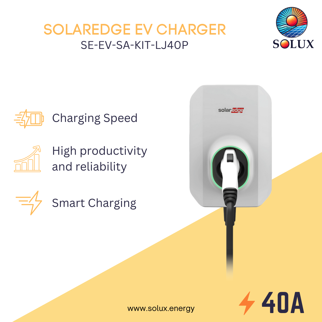 This is an image of SolarEdge Smart EV Charger with features and Solux branding on a white background.